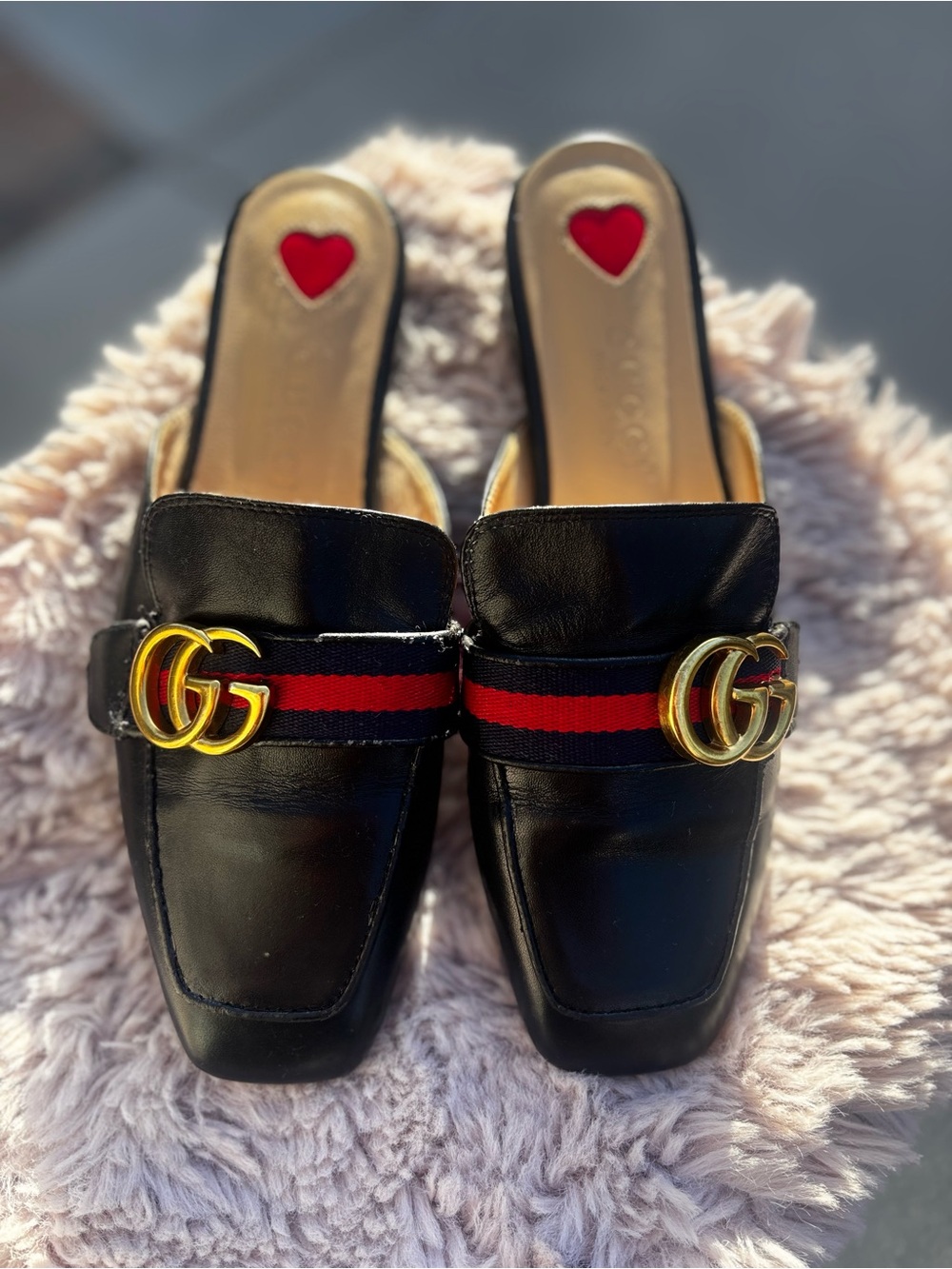 Gucci Black Leather Mules with Red & Navy Web and Gold Double G
